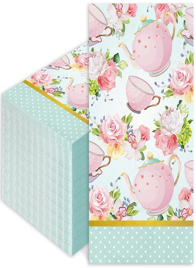 Whaline 100Pcs Floral Tea Party Napkins Teacups Guest Napkins Disposable Disposable Hand Napkin Towel for Spring Mother's Day Tea Part Bathroom Baby Shower Table Decor Supplies - Image 1